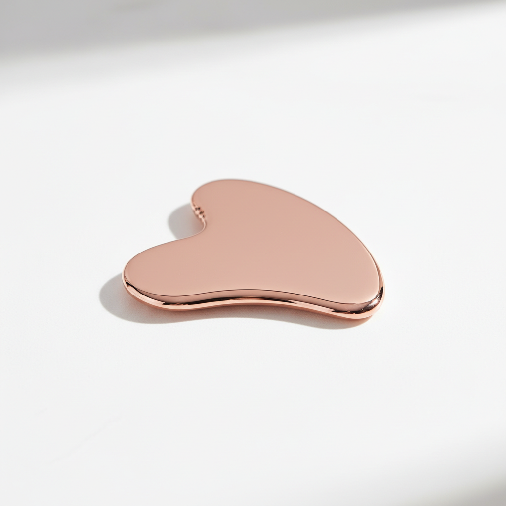 Elegant rose gold gua sha facial tool on white background