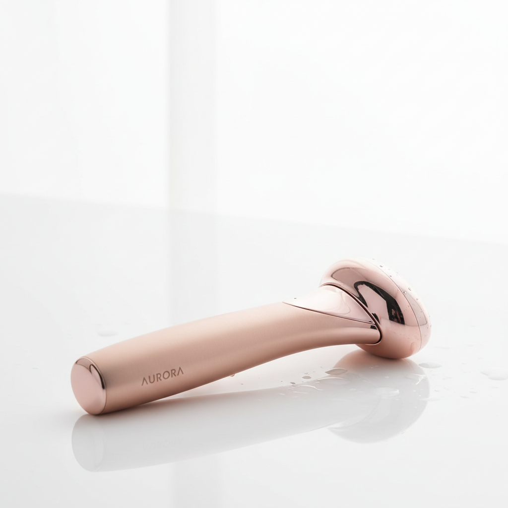 Sleek rose gold vibrating facial wand on white background