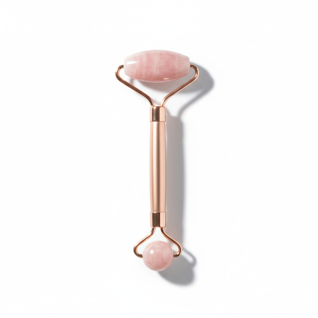 Elegant rose gold facial roller on white background