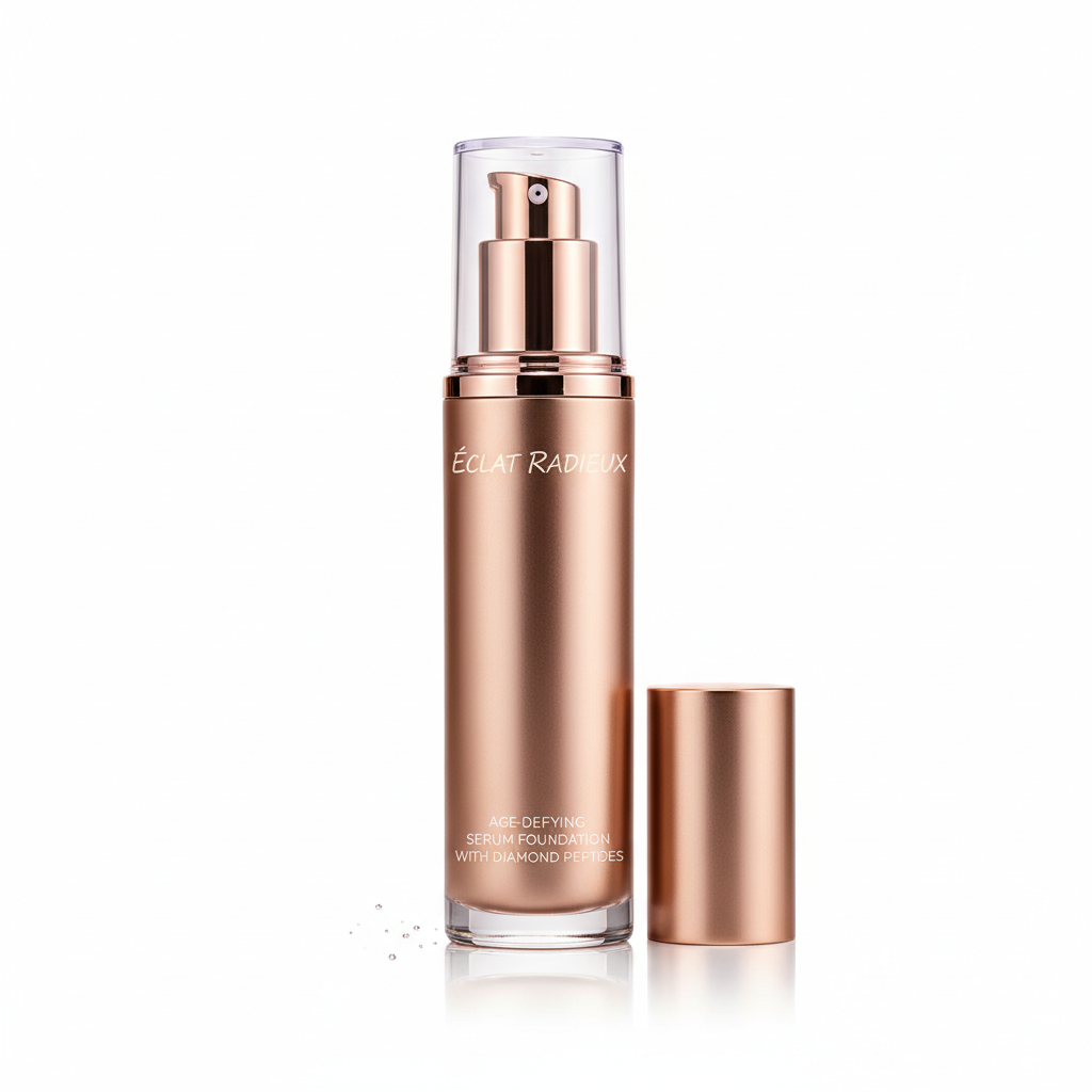 Elegant rose gold foundation bottle with pump on white background