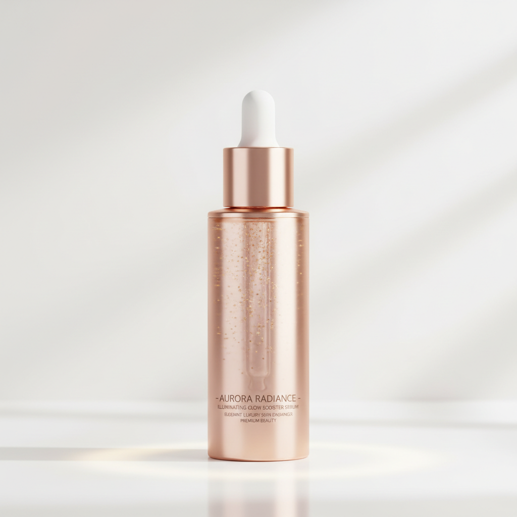 Rose gold illuminating skin enhancer glow booster bottle on white background