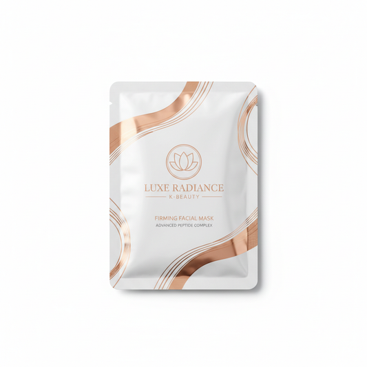 Korean firming facial sheet mask in rose gold packaging on white background