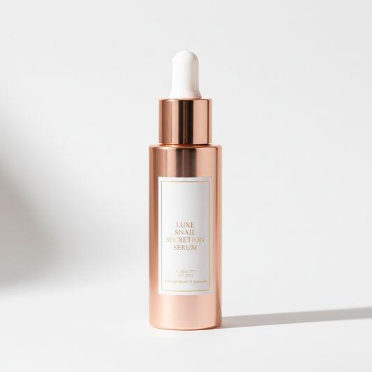 Korean snail mucin serum in rose gold dropper bottle on white background