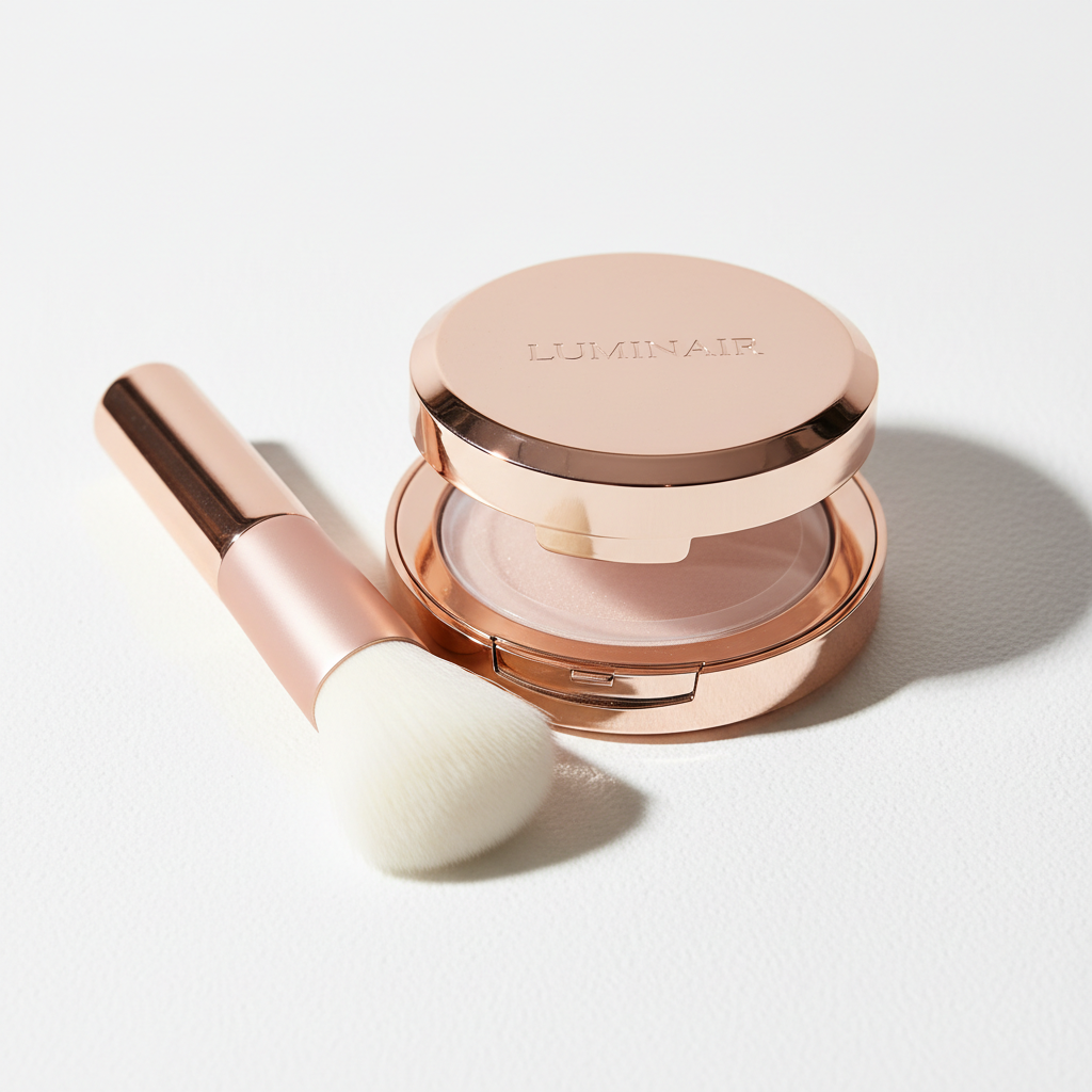 Elegant rose gold setting powder compact with brush on white background