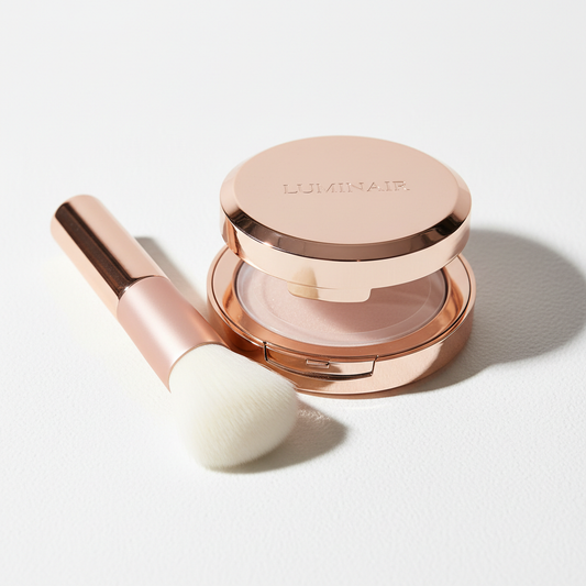 Elegant rose gold setting powder compact with brush on white background