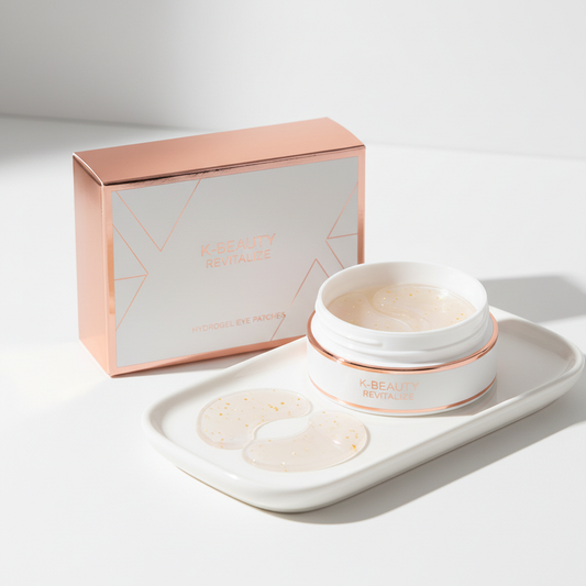 Korean hydrogel under-eye patches in rose gold packaging on white background